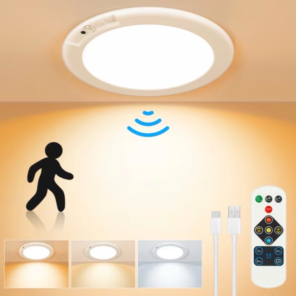 2 Pack Rechargeable LED Ceiling Light With Motion Sensor, 3 Lighting Options - Picture 2 of 5